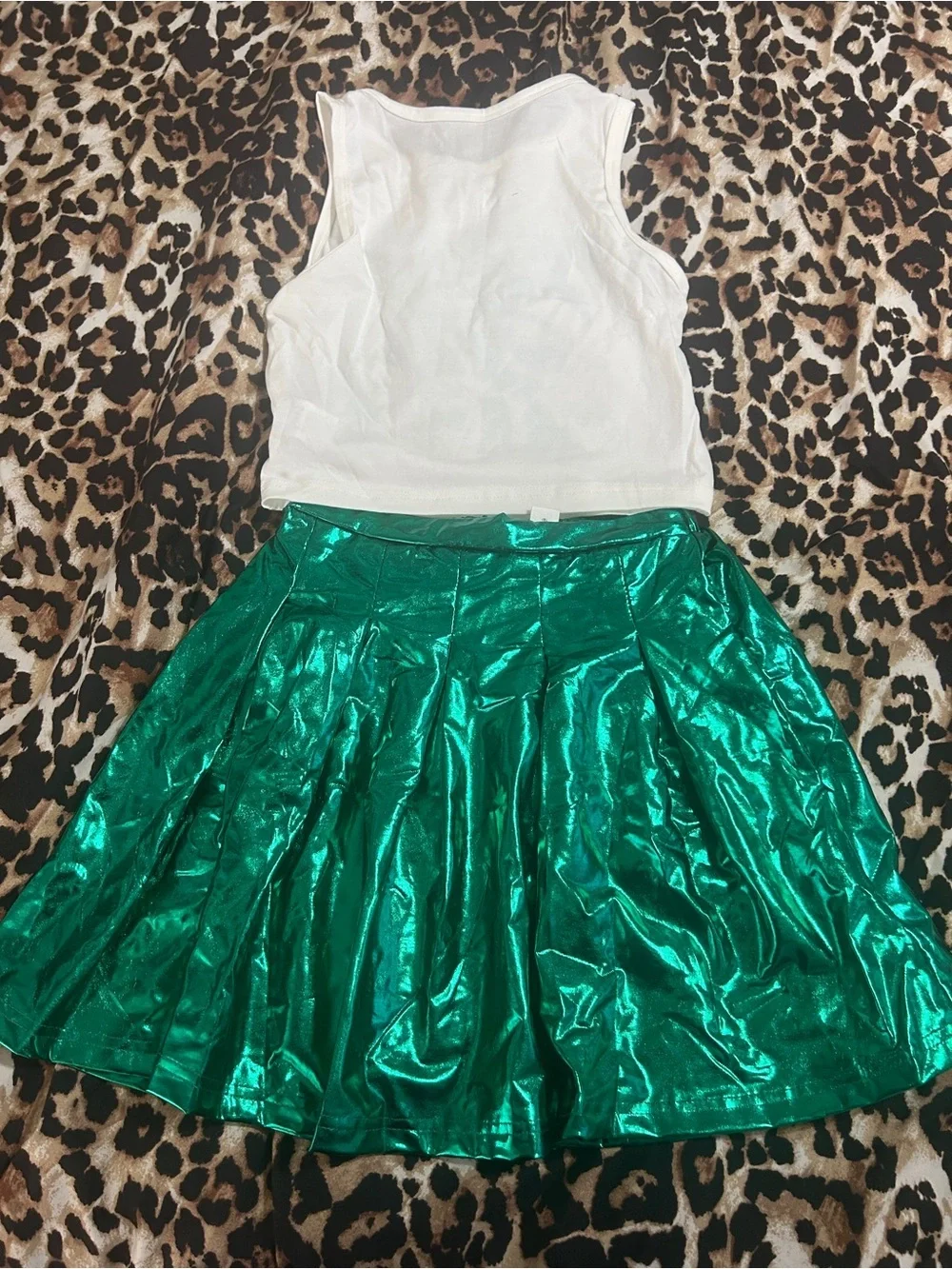 White Tank Top with Green Graphic & Shiny Green Skater Skirt